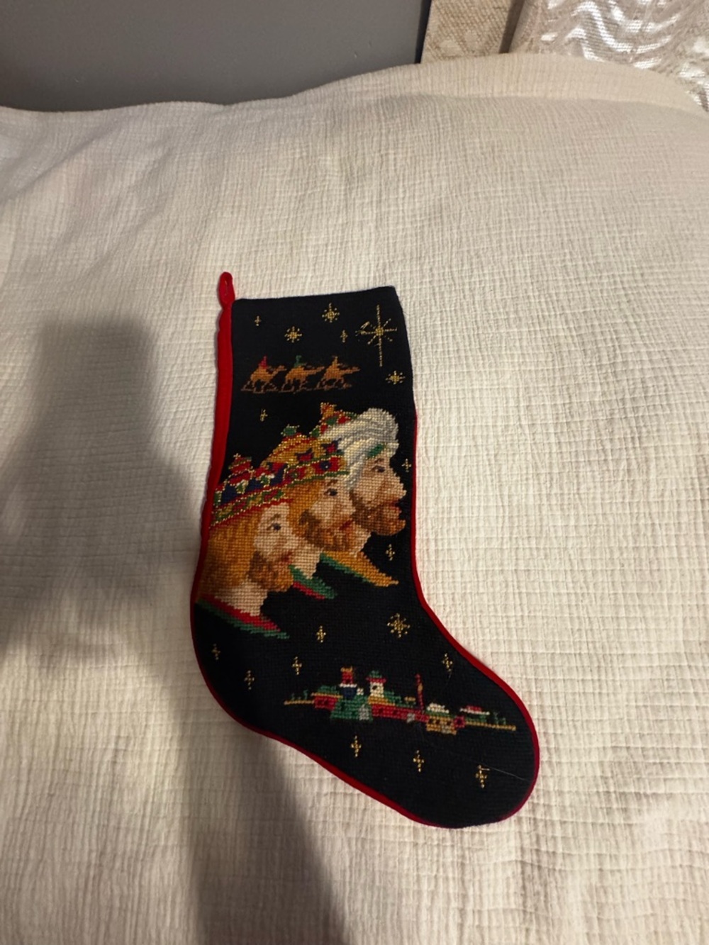 Vintage Needlepoint Christmas Stocking Three Wiseman Blue Background Red Backing